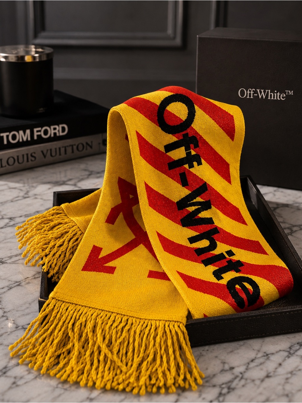 Off-White Fringed Logo Intarsia Knit Scarf Yellow Red Arrow Logo BNWOT